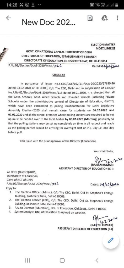 Delhi Government Announced School to be closed on 6, 7 Feb 2020 those are Polling Station in Delhi Legislative Election 2020