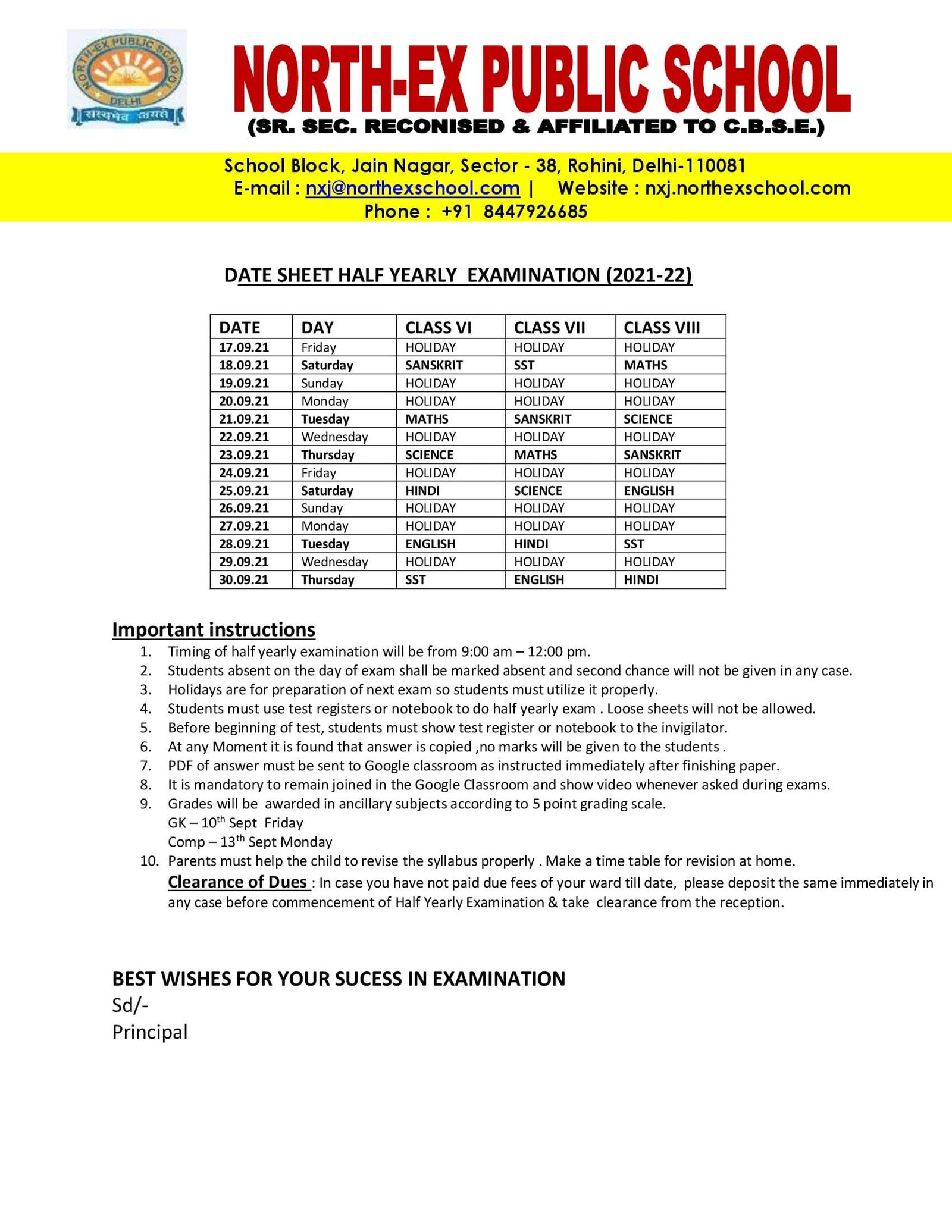 Date Sheet Half Yearly Exam Class 6 To 8 202122, (Senior Branch Sector