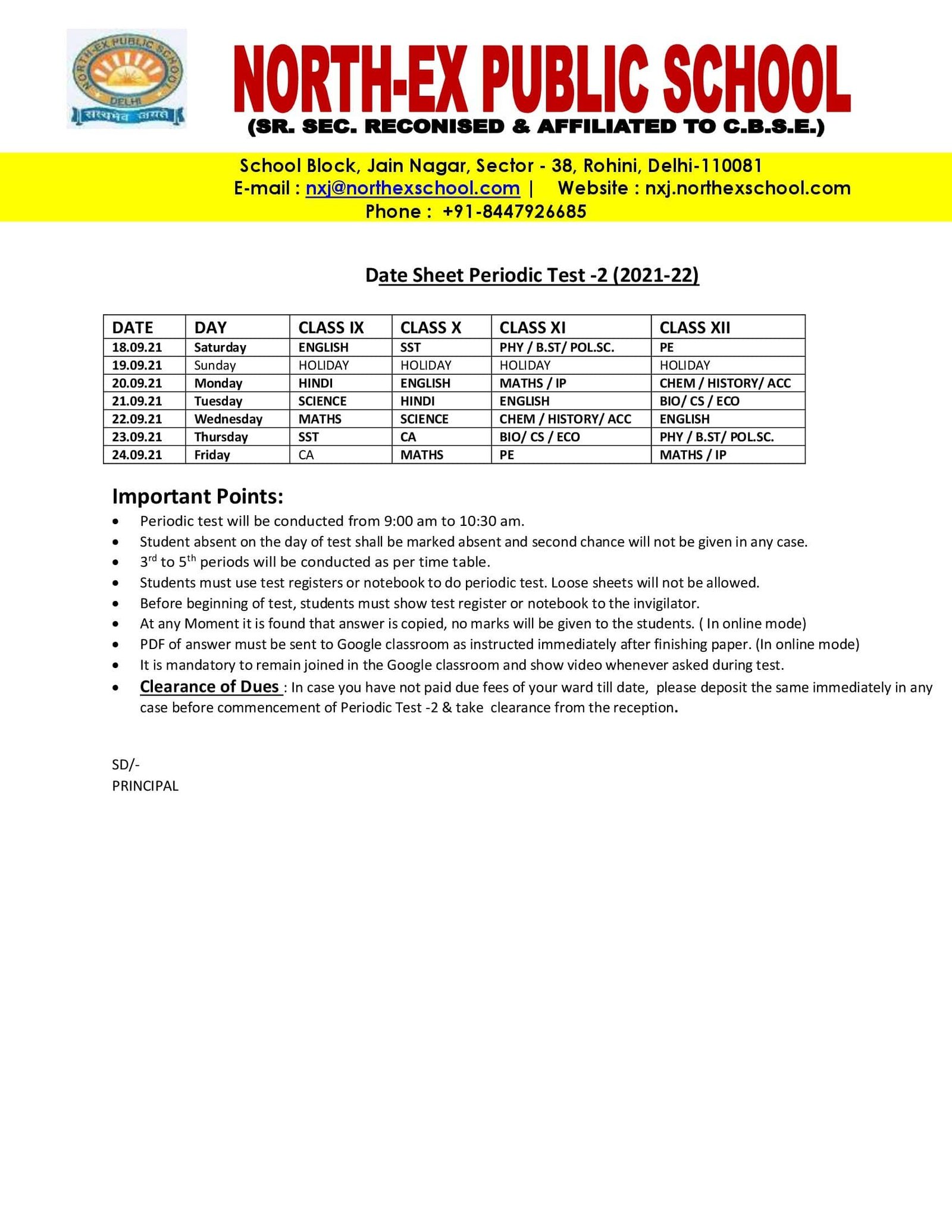 Date Sheet Periodic Test -2 Class 9 To 12 2021-22